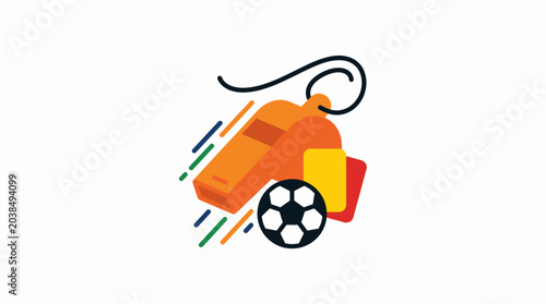 Soccer referee icon vibrant orange whistle, red and yellow cards, and a football. Flat design vector for sports game rules, control, and fair play concepts