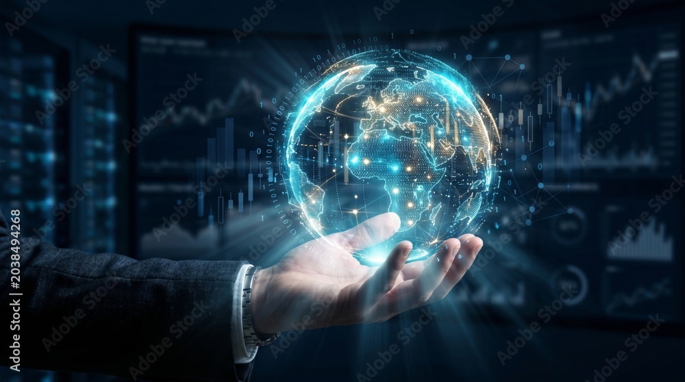 Fototapeta premium Hand Holding Glowing Digital Earth Globe with Financial Market Data Analytics Interface