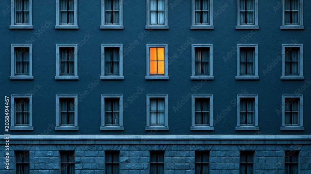Obraz premium A single lit window stands out in a large dark building at night, showing a warm glow against the cold exterior.