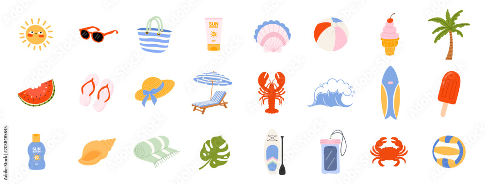 Obraz premium Summer beach clipart set with palm tree, sun, sunglasses, ice cream, lobster and surf accessories. Vector vacation elements for stickers, greeting card, poster