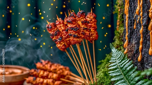 Ancient Enchanted Forest at Golden Hour with Oversized Satay Skewer Tree Trunks and Peanut Sauce