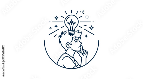 Young boy thinking with bright idea lightbulb above head, innovation concept