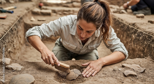 Archaeologist brushing artifact with delicate precision in ancient excavation site. Female archaeologist brushing artifact carefully cleans historical object.