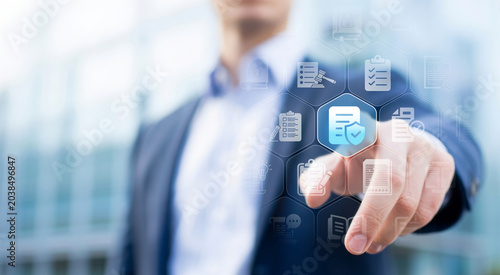 Photos GRC Officer hands holding manual policy framework procedure legal regulatory network connections standard enforcement audit internal control documentation