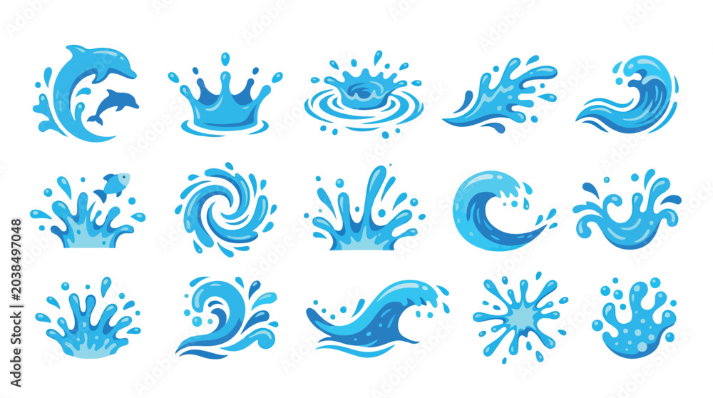 Obraz premium Collection of various blue water splash and wave illustrations showing dynamic motion and fluidity in different shapes