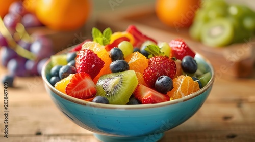 A colorful bowl of fruit salad with juicy strawberries, blueberries, oranges, and grapes car smile