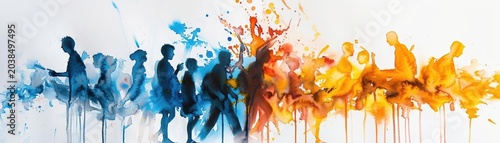 A Close-up Shot of a Watercolor silhouettes of a bustling cityscape with overlapping colors