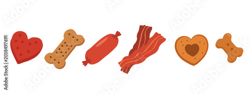 A set of various dog treats and dry biscuits arranged in a horizontal row on a white background including bone shaped snacks red hearts sausage and bacon strips for domestic pets.