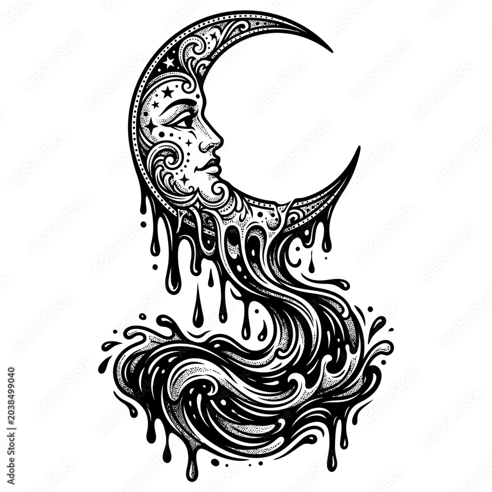 Fototapeta premium Crescent moon face illustration, flowing shapes, celestial design