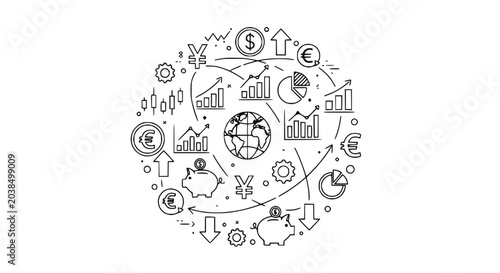 Global Finance and Investment Concept - Circle Diagram with Currency Symbols, Graphs, Piggy Banks