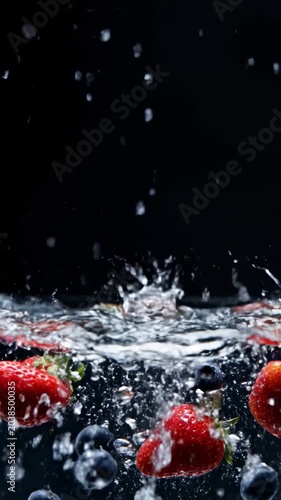 Fresh strawberries and blueberries splashing into clear water, dynamic motion, healthy food, isolated on black background