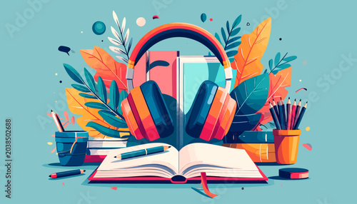 Embrace Lifelong Learning with Books, Headphones, and Colorful Foliage A Vibrant Scene Representing Education and Knowledge