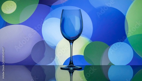 A single, vibrant blue drinking glass stands in elegant solitude, beautifully reflected on a polished surface, set against a magical bokeh light display