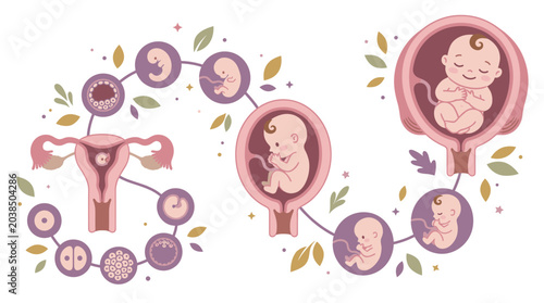 A detailed medical illustration showing the full stages of human fetal development from embryo to newborn baby inside the womb