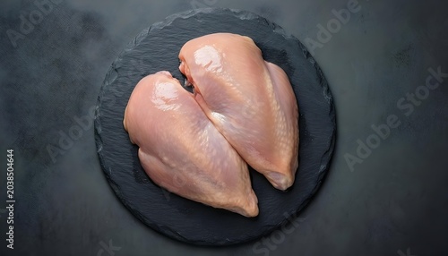Two fresh raw chicken breasts presented on a dark slate plate for culinary preparation