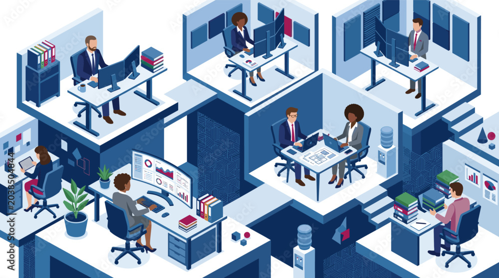 Fototapeta premium A diverse group of business professionals working at desks in a modern isometric open plan office with computers and data screens