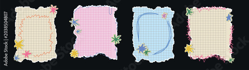 Torn paper scrap and ripped note collection with star stickers. Journal crumpled square torn. Wrinkled note drawn frames