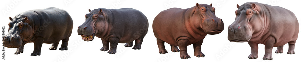 Φωτογραφία Four hippopotamuses in a row, isolated on transparent background