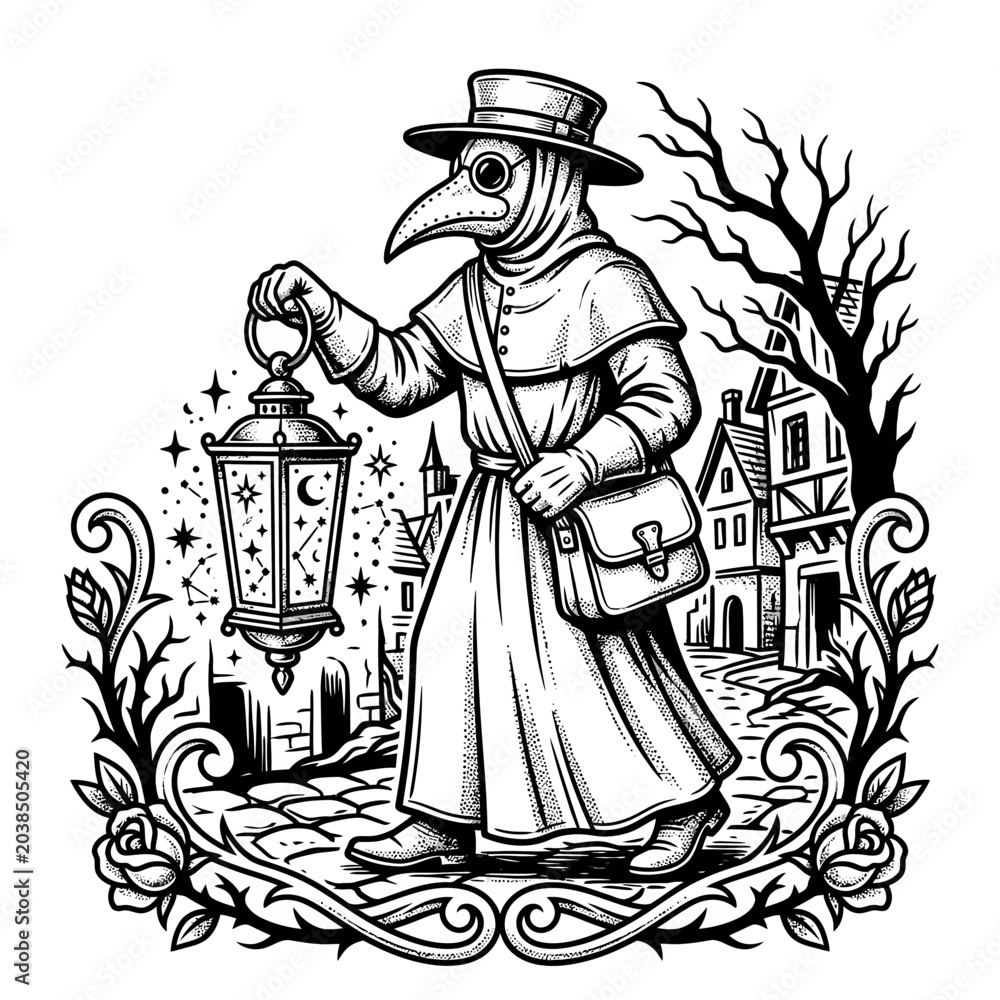 Fototapeta premium Plague Doctor Walking Through Medieval Town