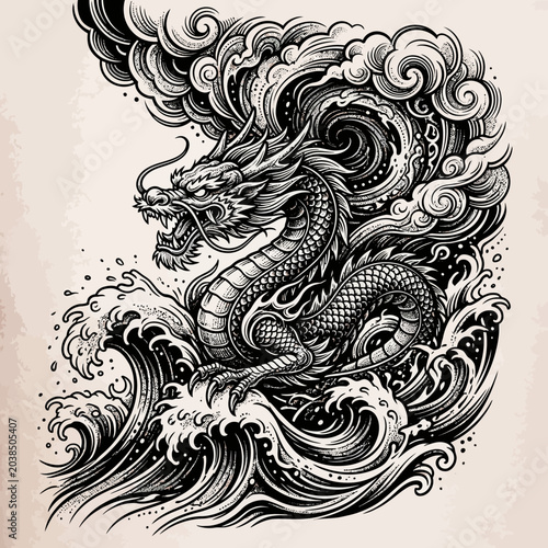 Oriental Dragon in Waves, Black and White Illustration