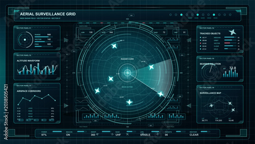 Foto Minimal light cyan circuit map interface with open signal field, data panels, no