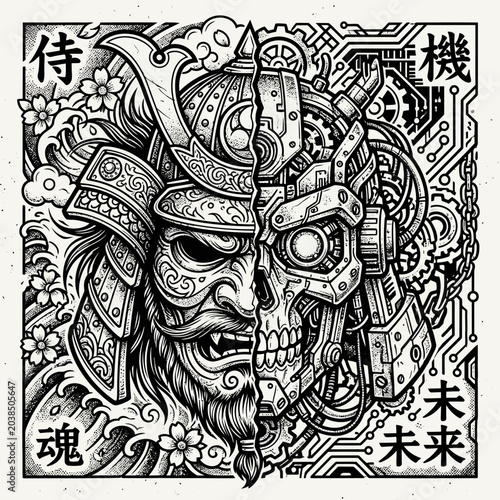 Samurai Cyborg: Half Traditional, Half Mechanical Illustration