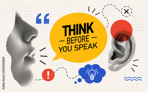 Фотография Communication and active listening concept with speaking mouth, listening ear, speech bubble and idea symbols in modern halftone collage style