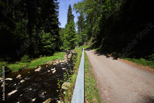 A hiking trail runs parallel to the Schwarze Pockau river in the Schwarzwasser Valley, in Pockau, Ore Mountains, Saxony – Germany.