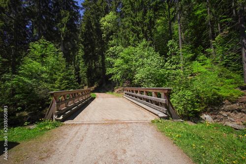 A wooden bridge spans the Schwarze Pockau in the Schwarzwasser Valley, in Pockau in the Ore Mountains (Saxony, Germany).
