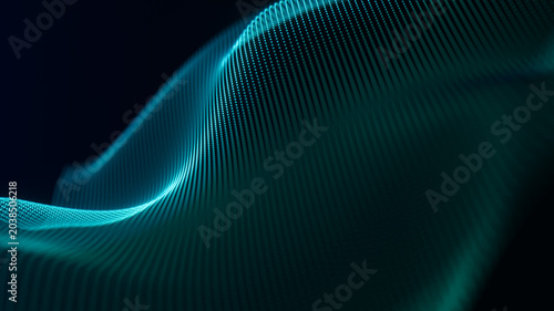 Glowing cyan particle wave curve on dark abstract background. Smooth digital flow for medical technology concept, clean energy presentation or modern corporate IT web banner 3d rendering