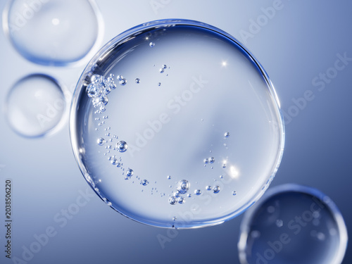 Clear water bubbles floating on blue gradient. Refreshing moisturizing 3d rendering perfect for hyaluronic acid skincare campaign or pure drinking water brand.