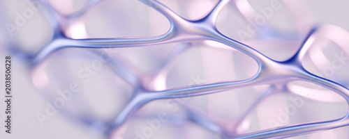 Abstract interconnected organic metallic network with purple reflections. Futuristic medical 3d rendering conceptualizing molecular peptide bonds.
