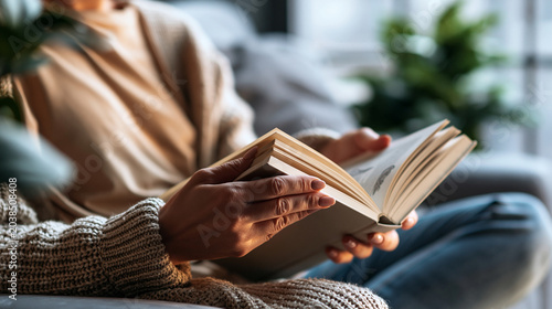 A close up of  hands holds softly a bright open book resting on a calm cozy lap in soft daylight book holding faceless detail softly defocused backdrop bright