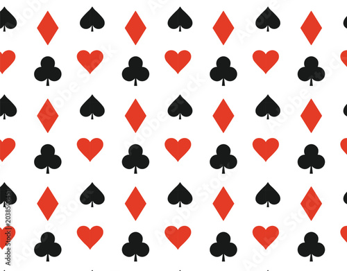vector poker card suits seamless banner design pattern with red and black hearts, clubs, spades and diamonds.