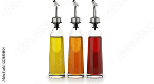 Isolated trio of glass cruet bottles for oil and vinegar, with pour spouts, on white