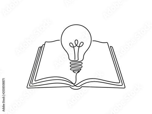 Continuous Line Drawing Illustration of a Light Bulb and Open Book Representing Creativity and Education