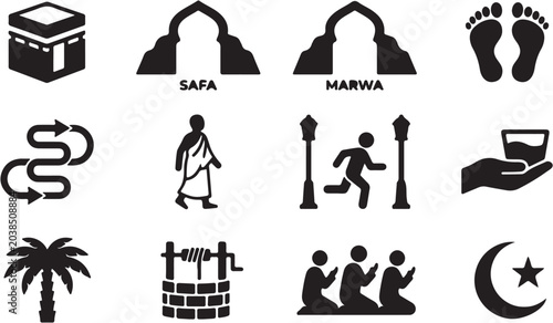 Schilderij op canvas Islamic pilgrimage Hajj icons set.