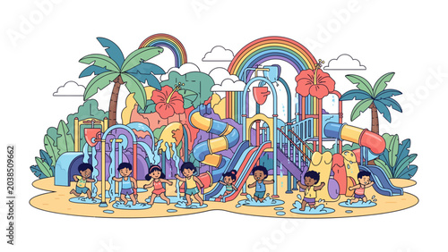 Obraz na plátně Tropical Playground Paradise: A vibrant, colorful illustration depicts a lively playground filled with children enjoying water slides and tropical foliage under a double rainbow