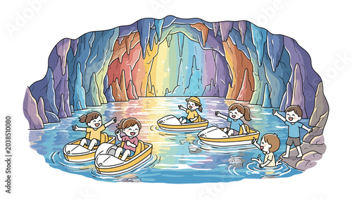 Photos Cave Adventure: Children explore a stunningly colorful cave filled with stalactites, enjoying boat rides on the crystal-clear water and splashing around