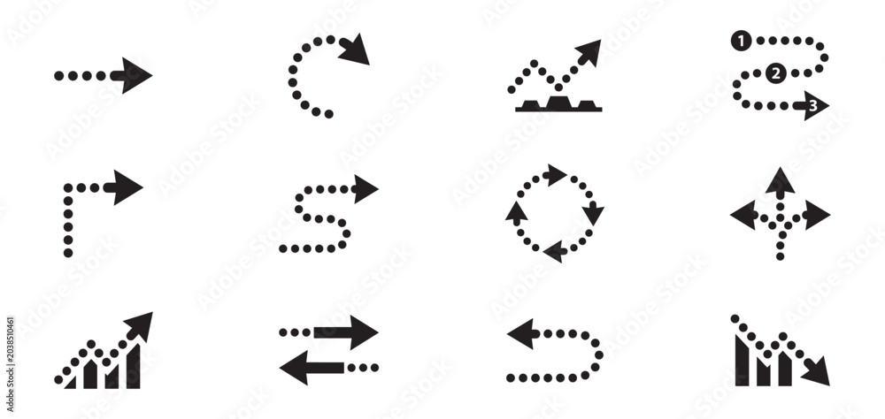 Obraz premium Dotted Arrow and Graph Icon Set. Flowcharts, Paths, Progress Charts and Direction Symbols. Vector illustration.