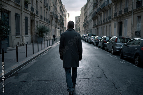 Man walks alone on empty city street during dusk