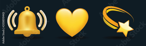 3d premium vector icon set with notification bell yellow heart and favorite star