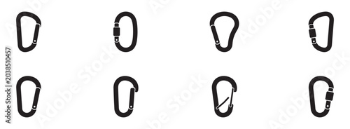 Carabiner and Safety Clip Icon Set. Climbing, Hiking, Camping, Rescue and Outdoor Equipment. Vector illustration.