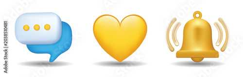 3d social media notification vector icon set with message bubble heart and ringing bell