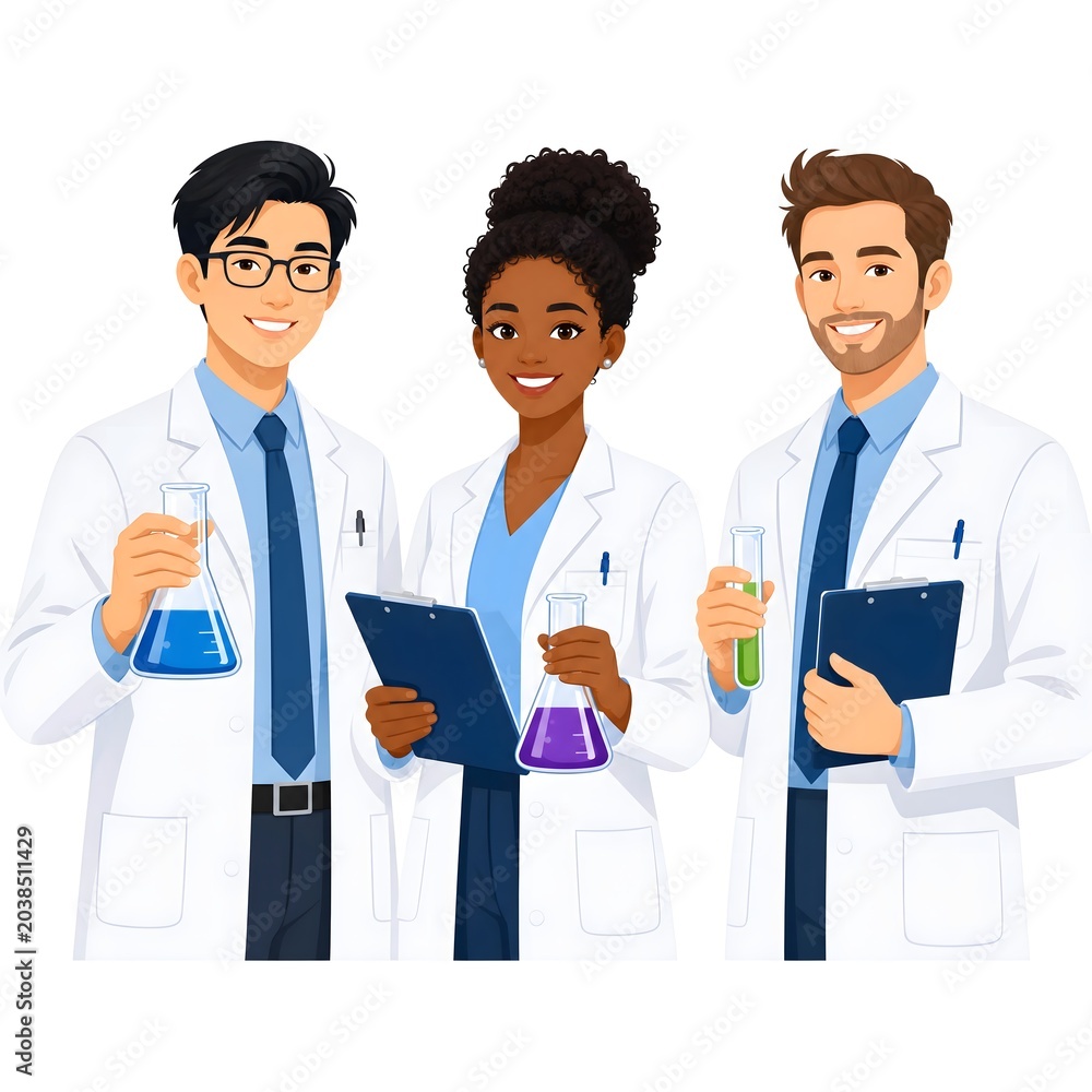 Obraz premium Three Lab Scientists Holding Test Tubes and Clipboard, Isolated on White Background