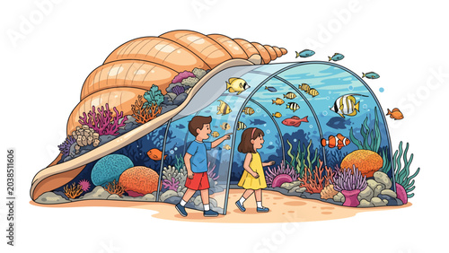 Cuadro en lienzo Underwater Wonder: Children explore a magical aquarium housed within a giant seashell, marveling at vibrant coral reefs and a school of colorful fish, sparking curiosity and wonder about marine life