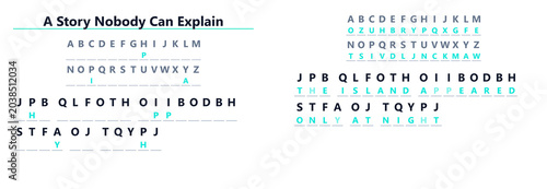 Quadro su tela Code puzzle with letters and phrases on a white background, concept of cryptogra
