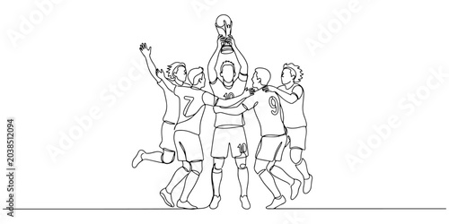 Fotografie Continuous line drawing of a final football celebration, line art vector illustration