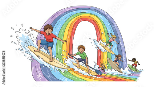 Photos Surfing the Rainbow's Embrace: Young adventurers ride the waves with excitement beneath a vibrant rainbow, embodying the thrill of summer and carefree fun