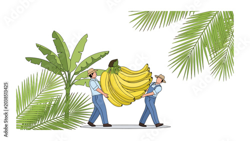 Canvas Print Harvesting Giants: Two farmers, clad in overalls and straw hats, carry a colossal bunch of ripe bananas through a tropical plantation, surrounded by lush greenery and palm fronds
